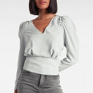 NWT Express Gray Puff Sleeve V-Neck Top Blouse
